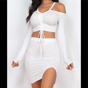 Ruched Long Sleeve Drawstring Crop Top and Mini Skirt Set Womenswear